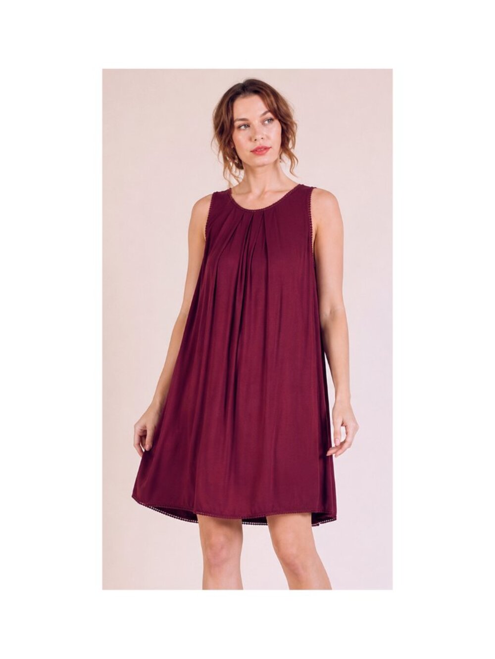 New UMGEE M 8 10 Merlot Sleeveless Round Neck Shift Dress Crochet Trim Pintuck